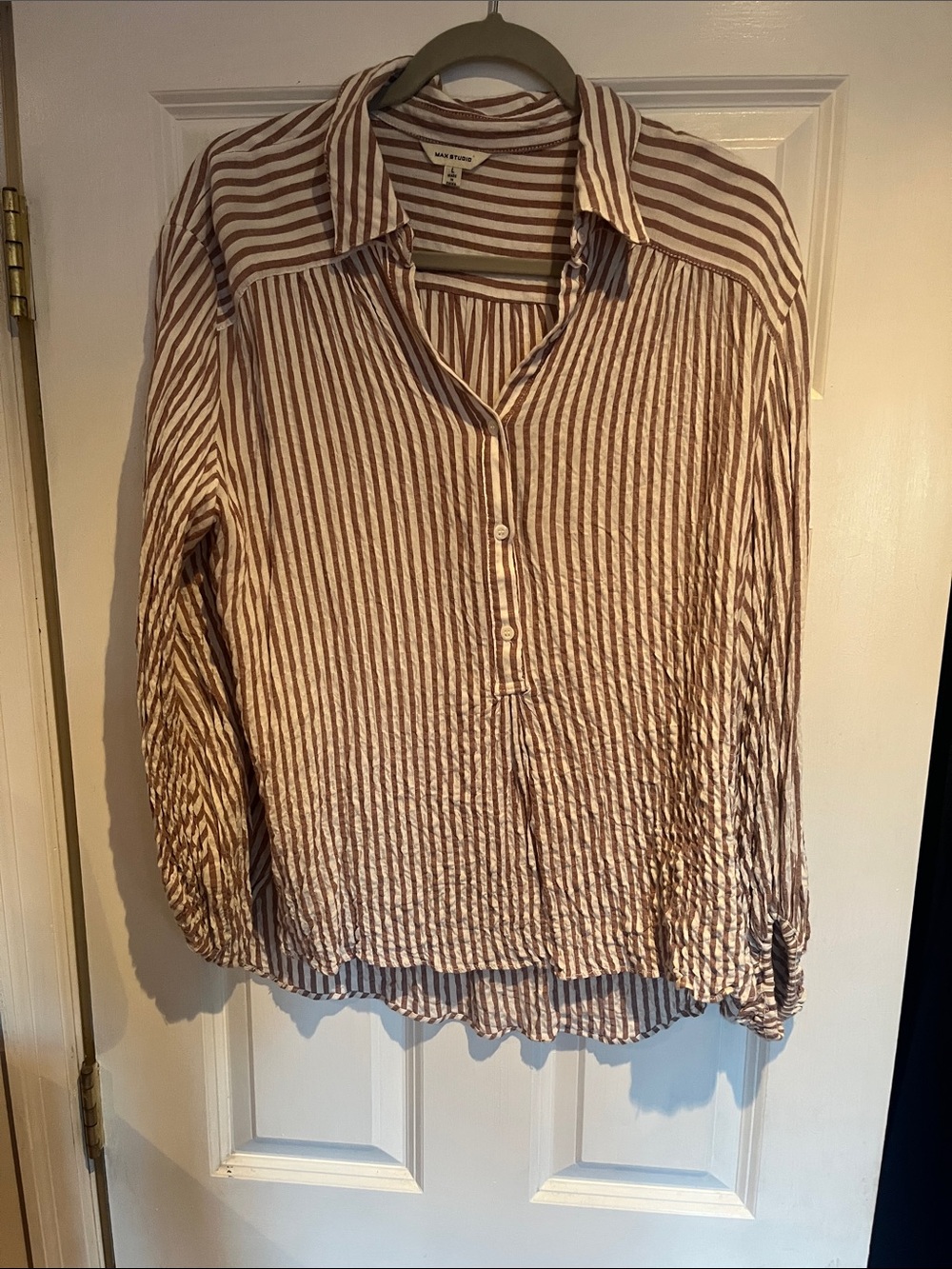Max Studio Cotton Striped Button-Front Shirt in Cream and Brown